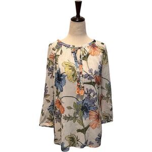 Daniel Rainn Womens Floral Blouse 3/4 Sleeve Tassel Tie Front Size Small NWT